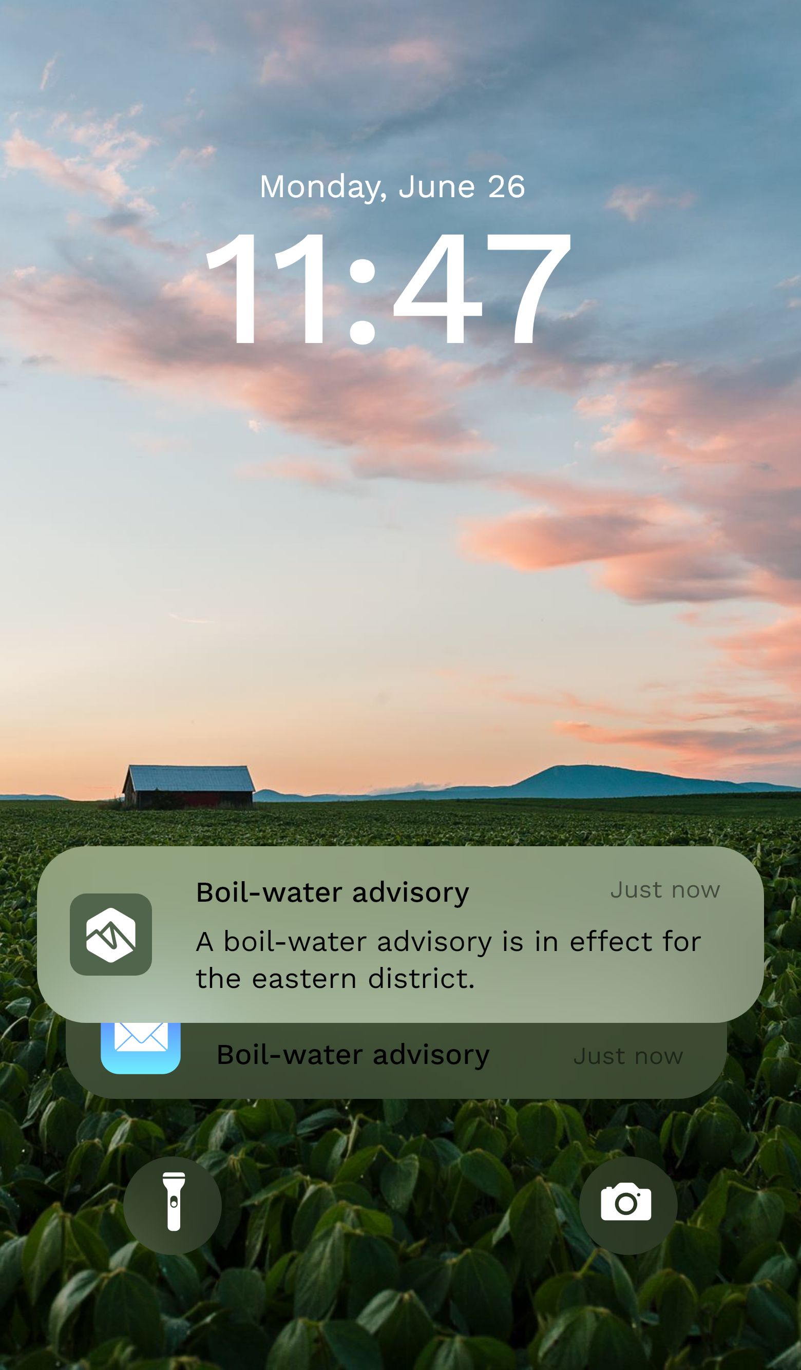 Interface d'ordinateur montrant une notification d'un avis d'ébullition